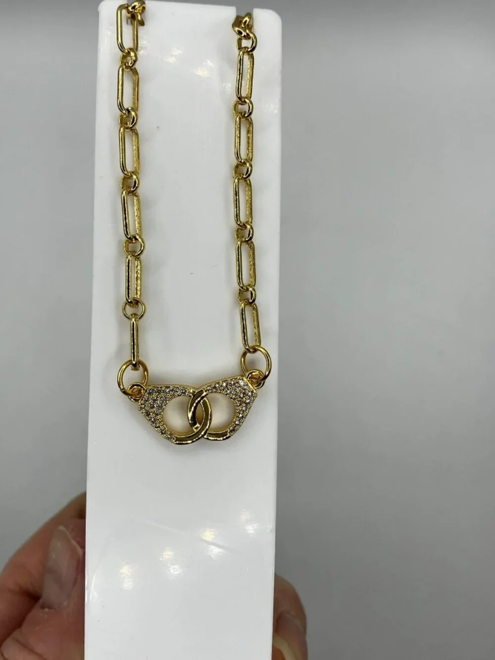Unique Real 18k Gold over Brass Paperclip Chain + Hand cuffs Pendant 18-in NEW